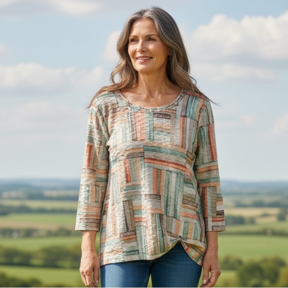 Alfred Dunner Patchwork Stripe Knit Top in Teal, Rust & Cream